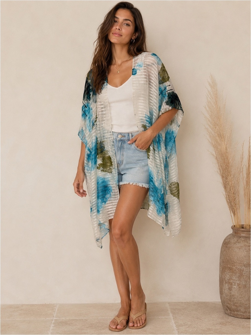 HUMBLE & HILO Watercolor Print Sheer Open Front Kimono Duster OS NWOT - Picture 4 of 5